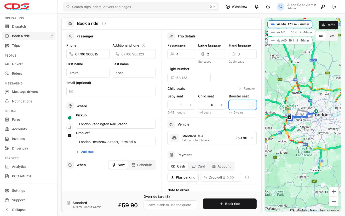 Book a ride with the vehicle type, luggage and child seats chosen for a Heathrow job