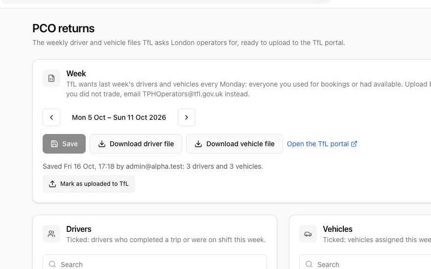 The CDS PCO returns page with drivers and vehicles ticked for the week
