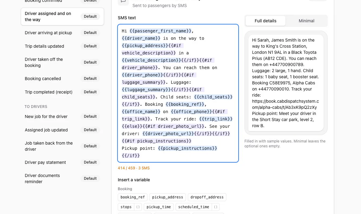 Editing the Driver assigned and on the way text in CDS, with placeholders and a live preview