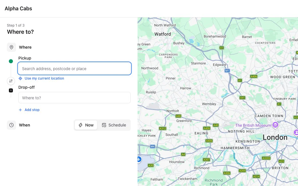 An office's online booking page asking Where to? with a map of London
