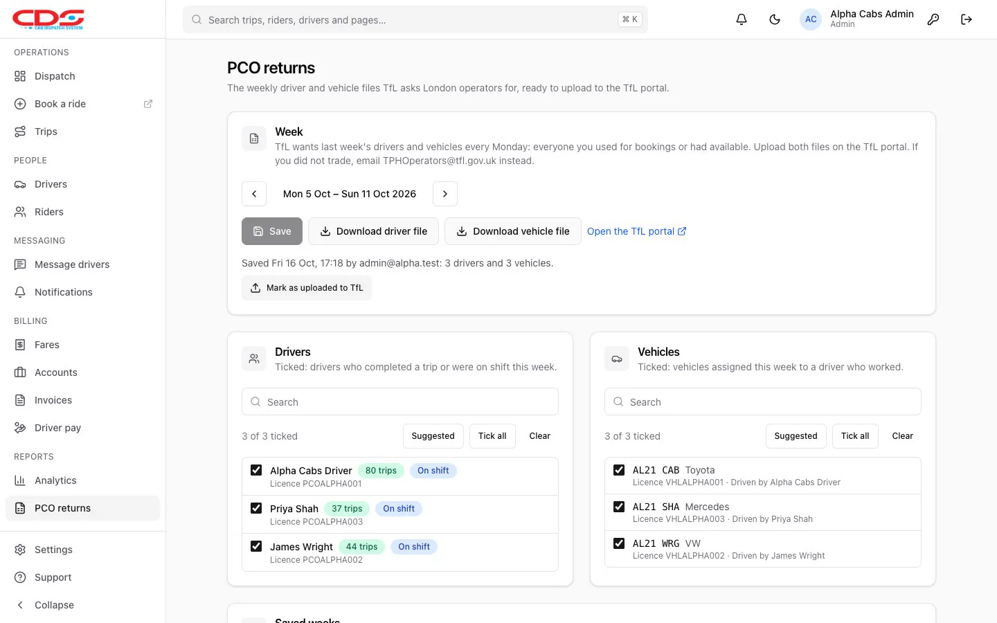 CDS PCO returns for one week: drivers and vehicles ticked, with Download driver file and Download vehicle file buttons