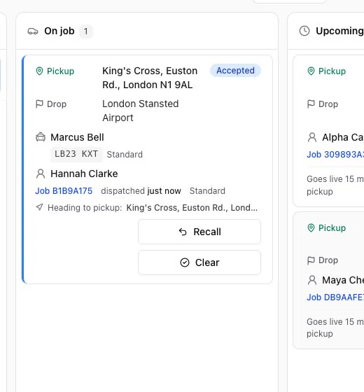 The CDS dispatch board with a job on the way to Stansted and upcoming jobs waiting