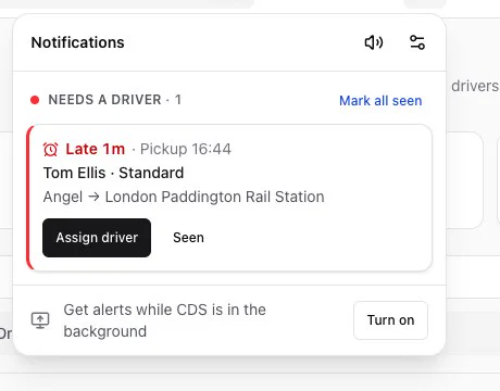 A late job alert in the CDS notification bell with an Assign driver button
