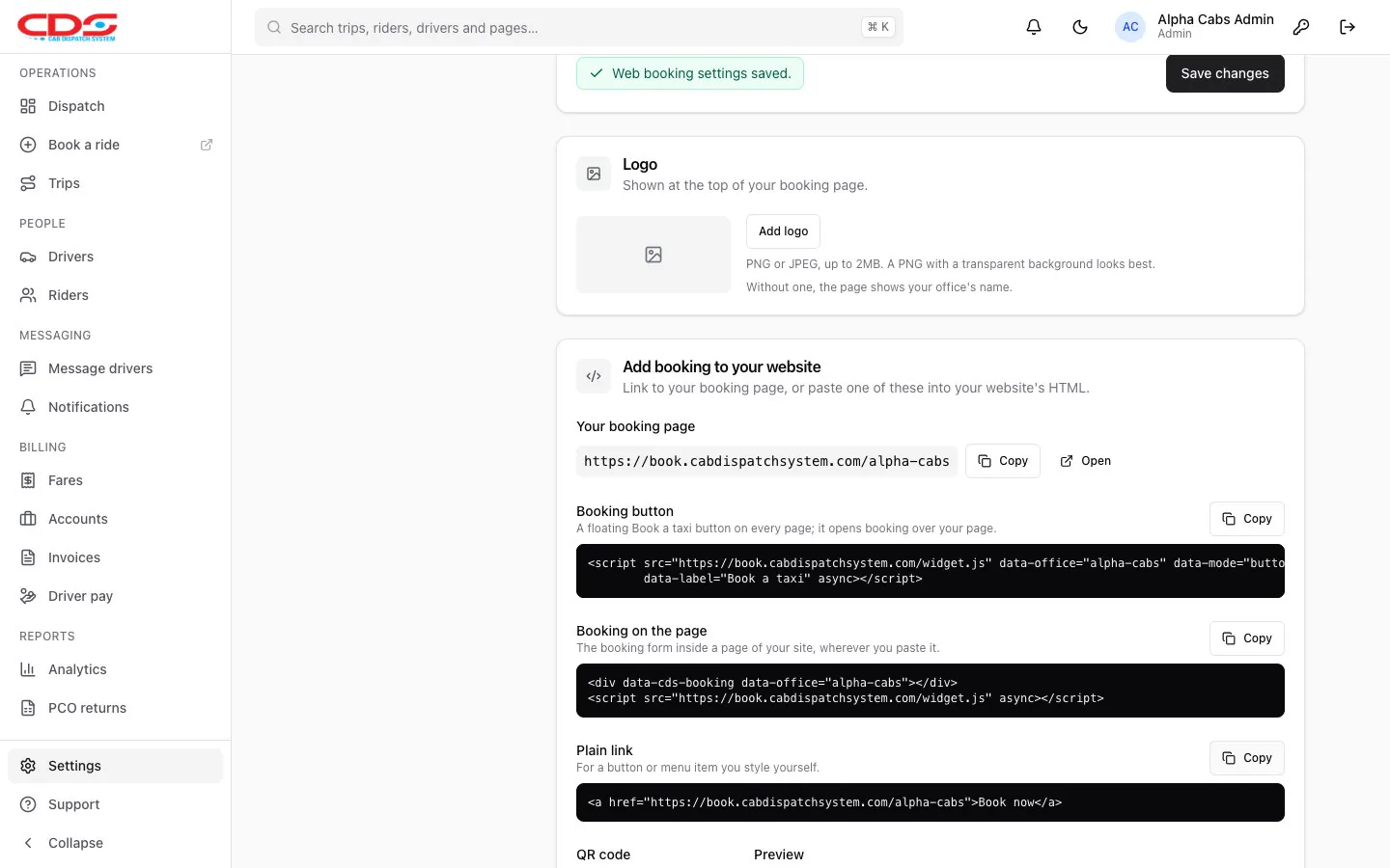 Settings, Web booking: the booking page link and the booking button, on-page and plain link code snippets