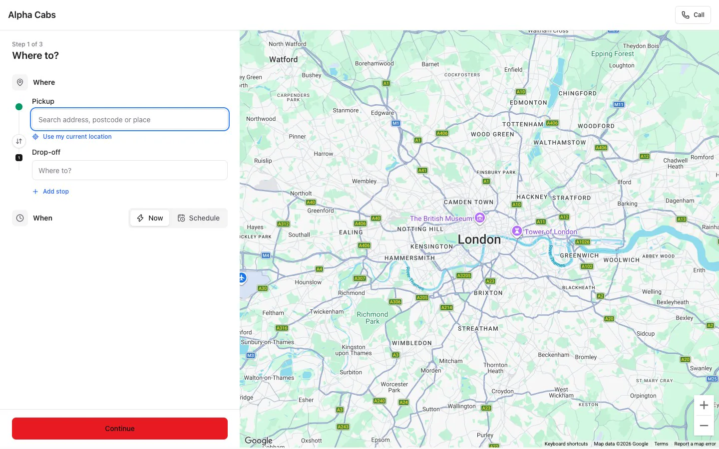 An office's online booking page: Where to? with pickup and drop-off fields beside a map of London